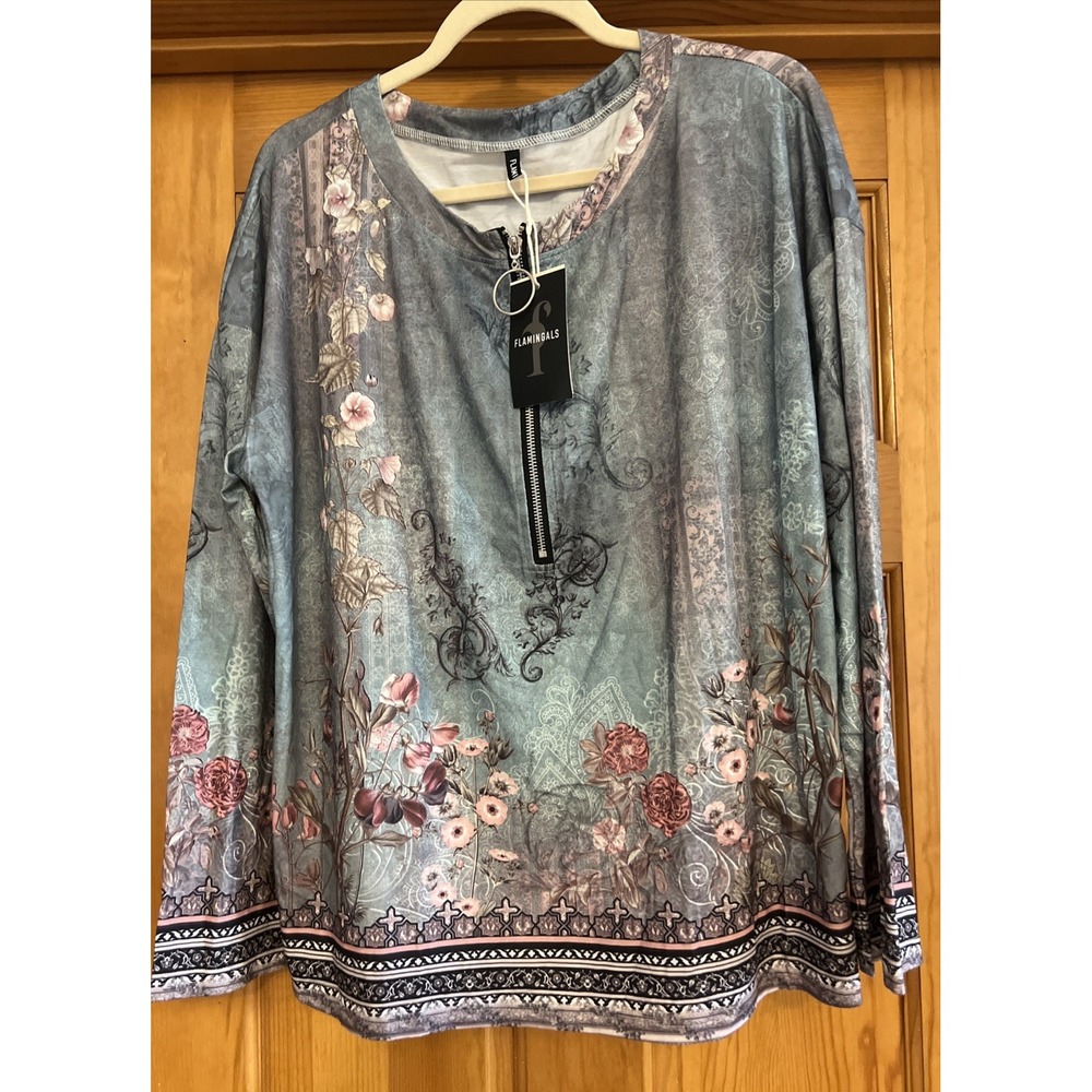 Flamingals Women's Long Sleeve floral Shirt with Hoop Zipper Sz Large